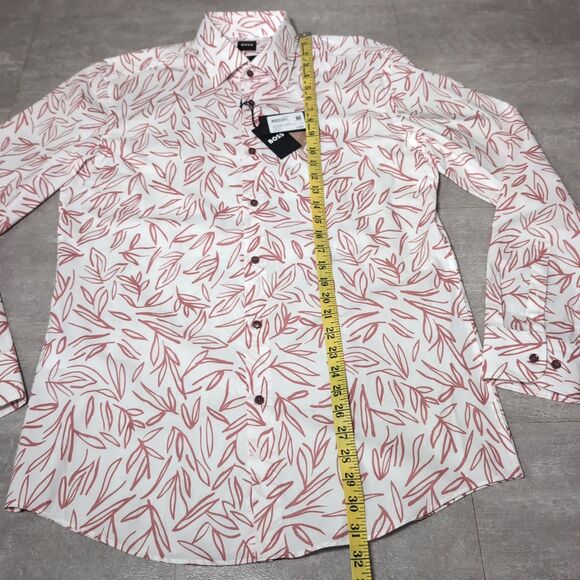 Hugo Boss White Red Floral Button Down Slim Fit Stretch Collar Shirt Large NWT - Picture 6 of 8